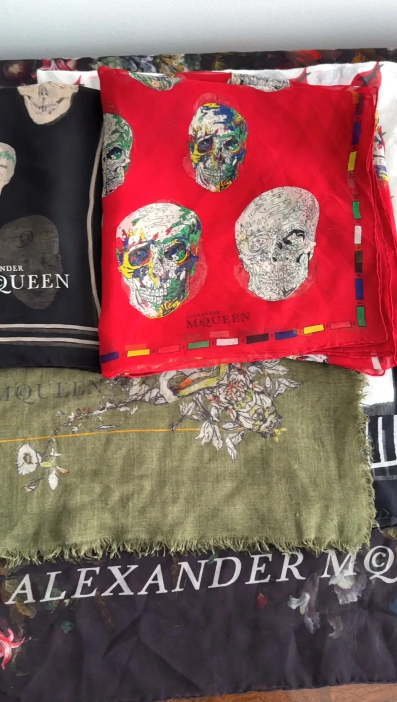 Alexander McQueen Red Silk Chiffon Skull Scarf