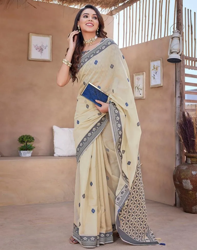 Beige Silk Plain Sarees