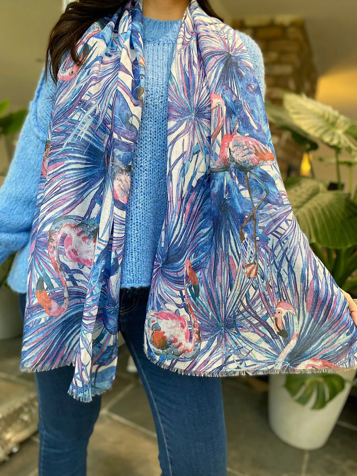 Blue Flamingo Tropical Leaf Raw Edge Scarf