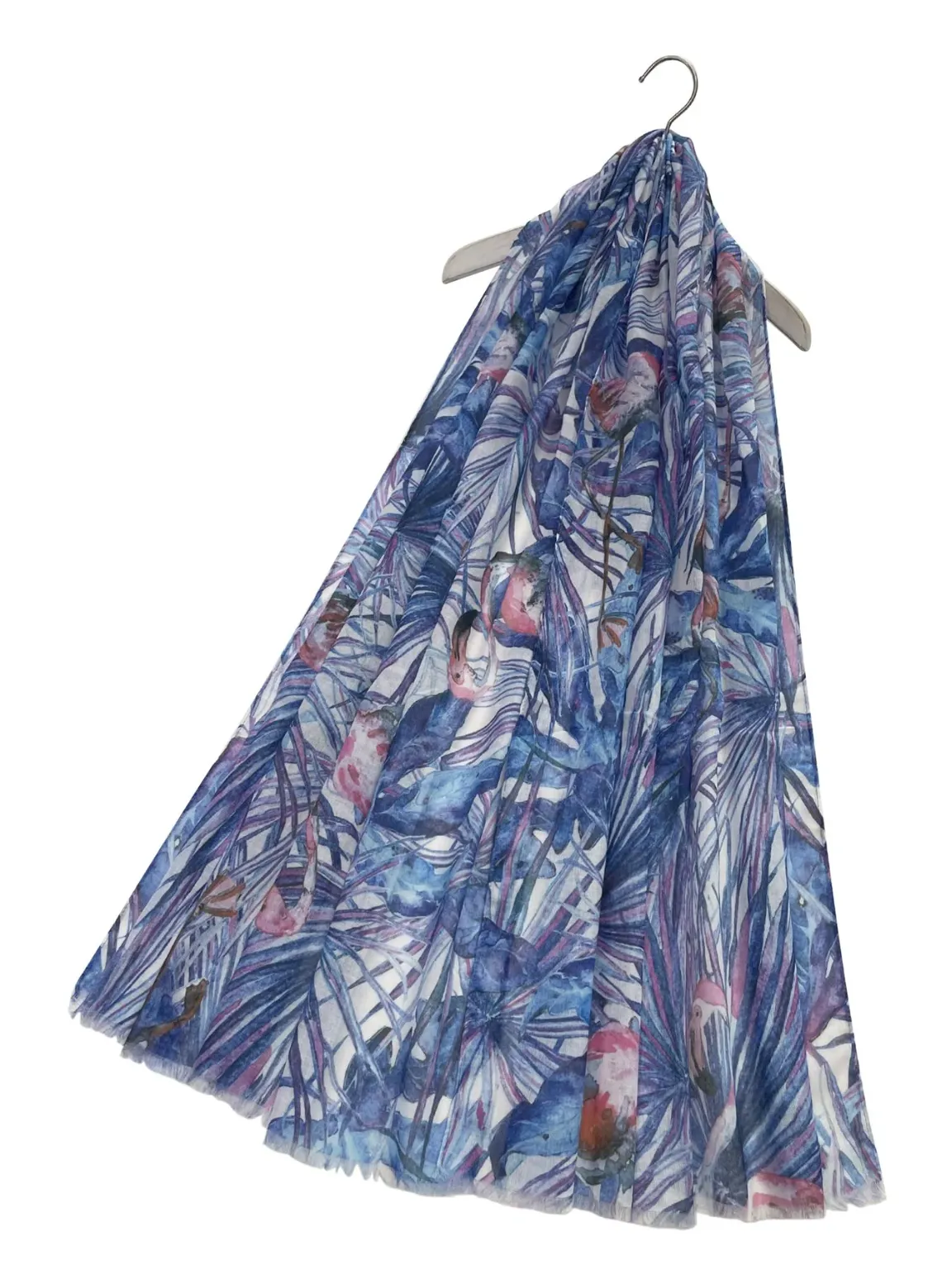 Blue Flamingo Tropical Leaf Raw Edge Scarf