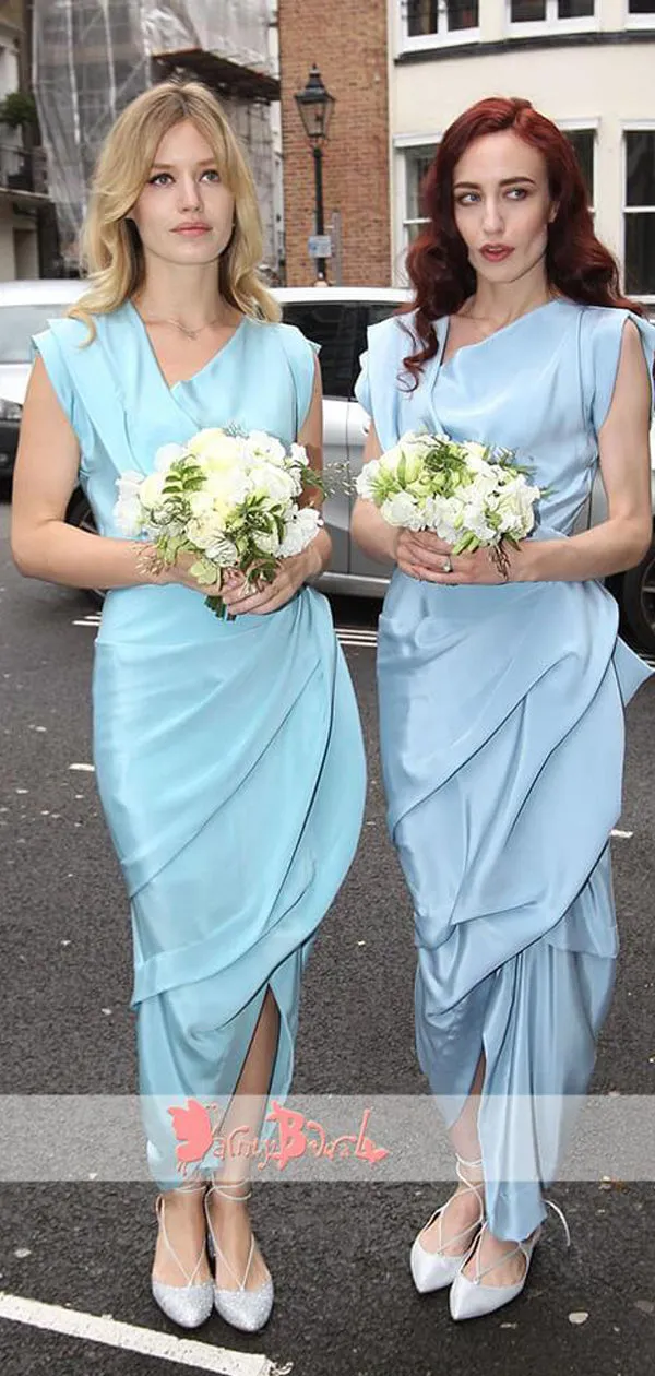 Blue Sparkly Satin Sheath Cap Sleeve Bridesmaid Dresses With Front Split,DB111