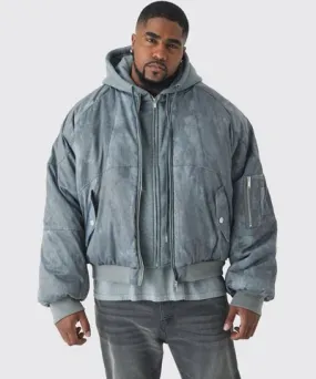 boohoo Mens Plus Boxy Washed Padded Hooded Bomber Jacket