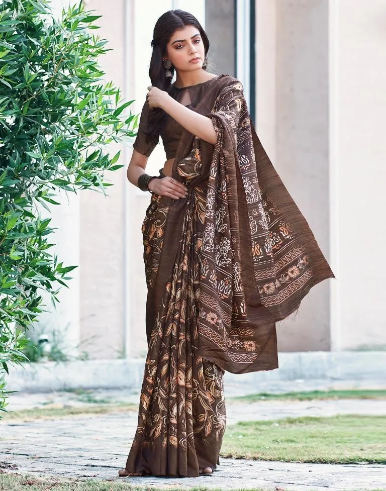 Brown Silk Printed Sarees