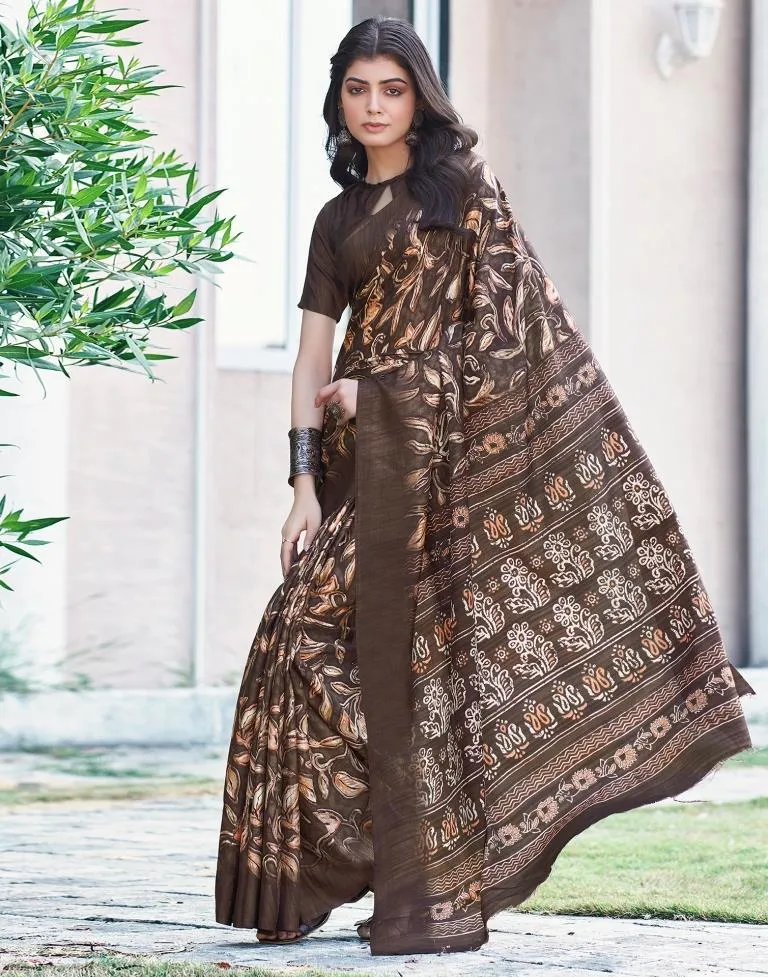 Brown Silk Printed Sarees