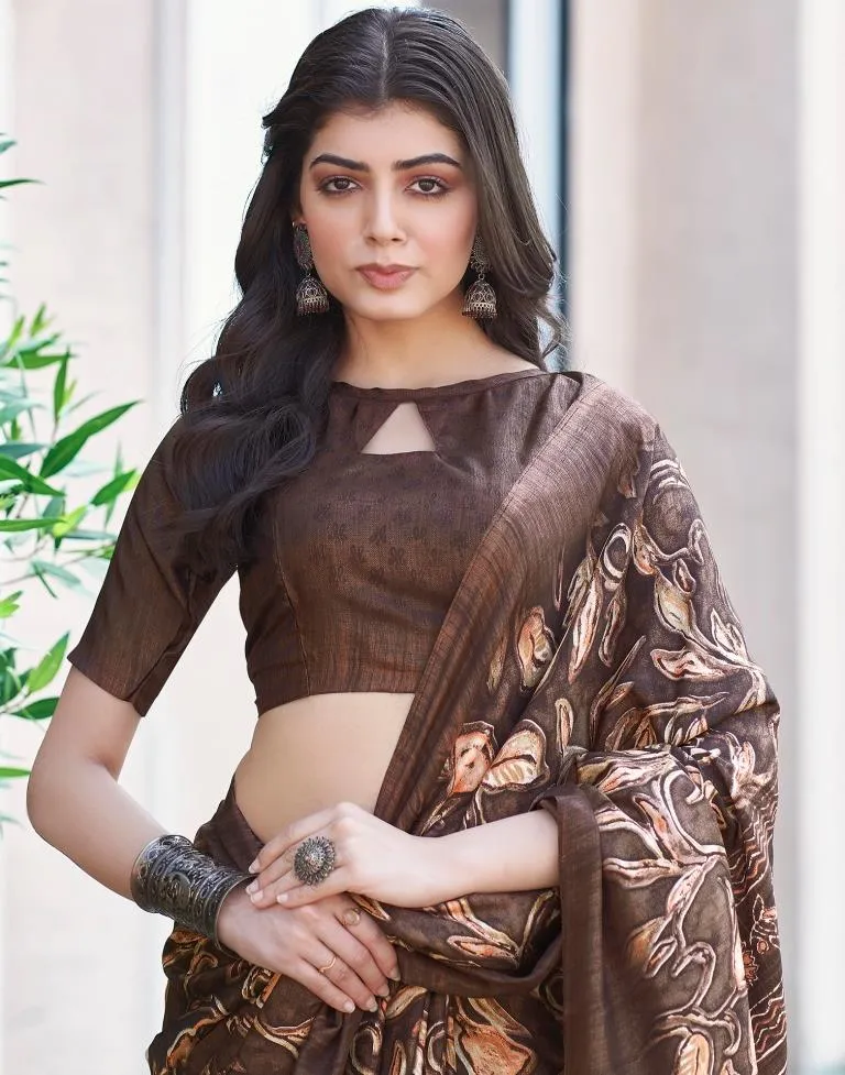 Brown Silk Printed Sarees