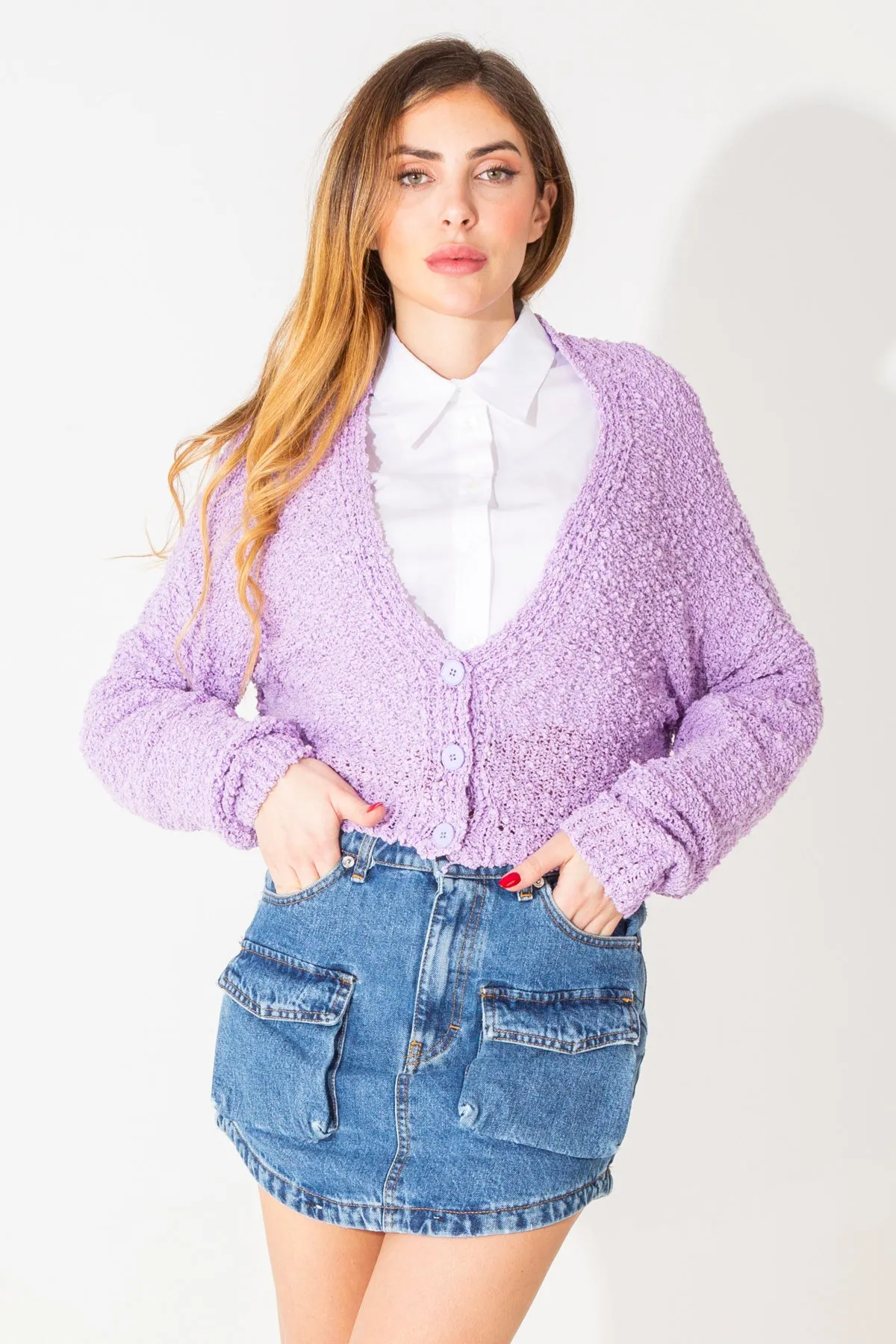 Cardigan crop in tessuto boucle'