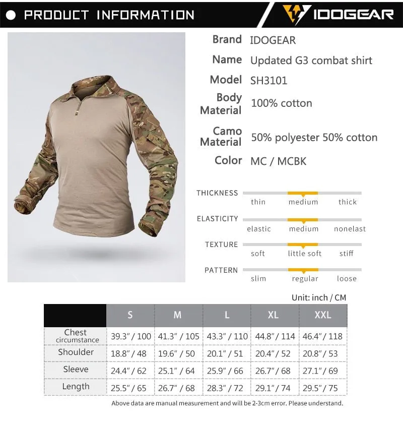 Chemise de combat tactique militaire pour la chasse, paintball, airsoft 500g IDOGEAR - G3