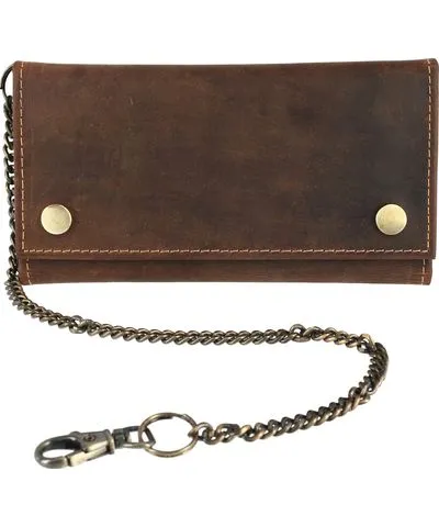 CTM Men's Hunter Leather Long Trifold Chain Wallet