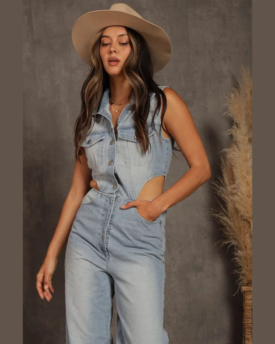 Cut Out Denim Jumpsuit