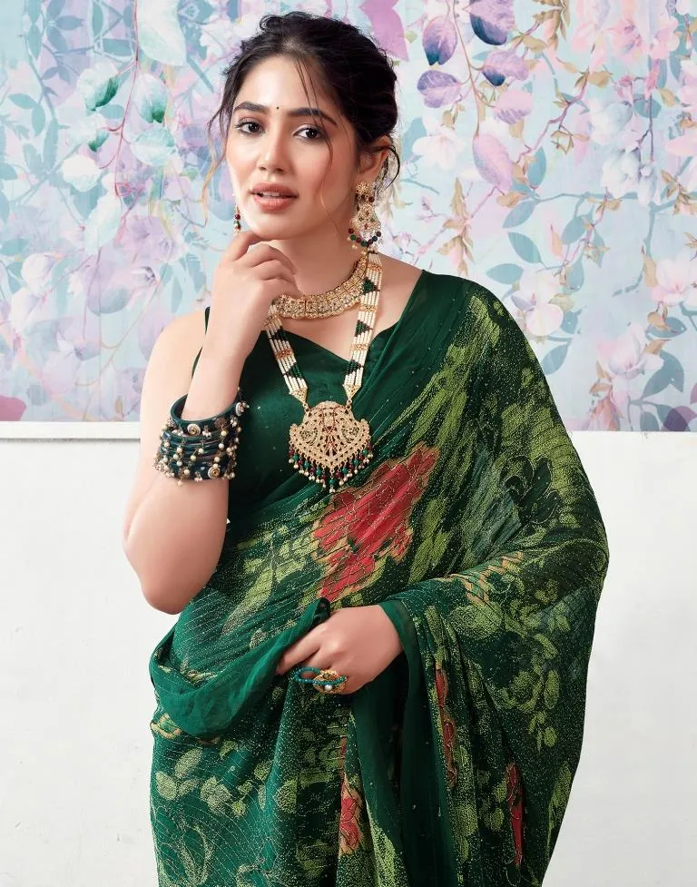 Dark Green Georgette Printed Sarees