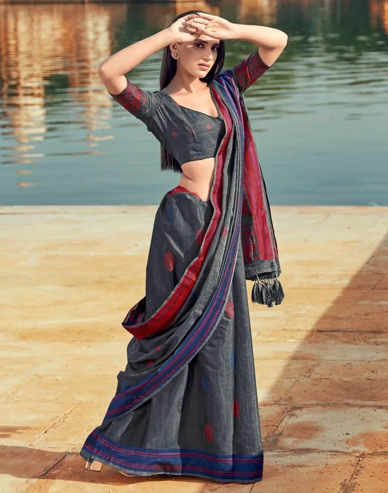 Dark Grey Silk Woven Sarees