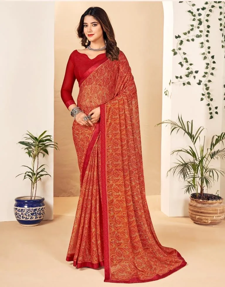 Dark Red Georgette Printed Sarees