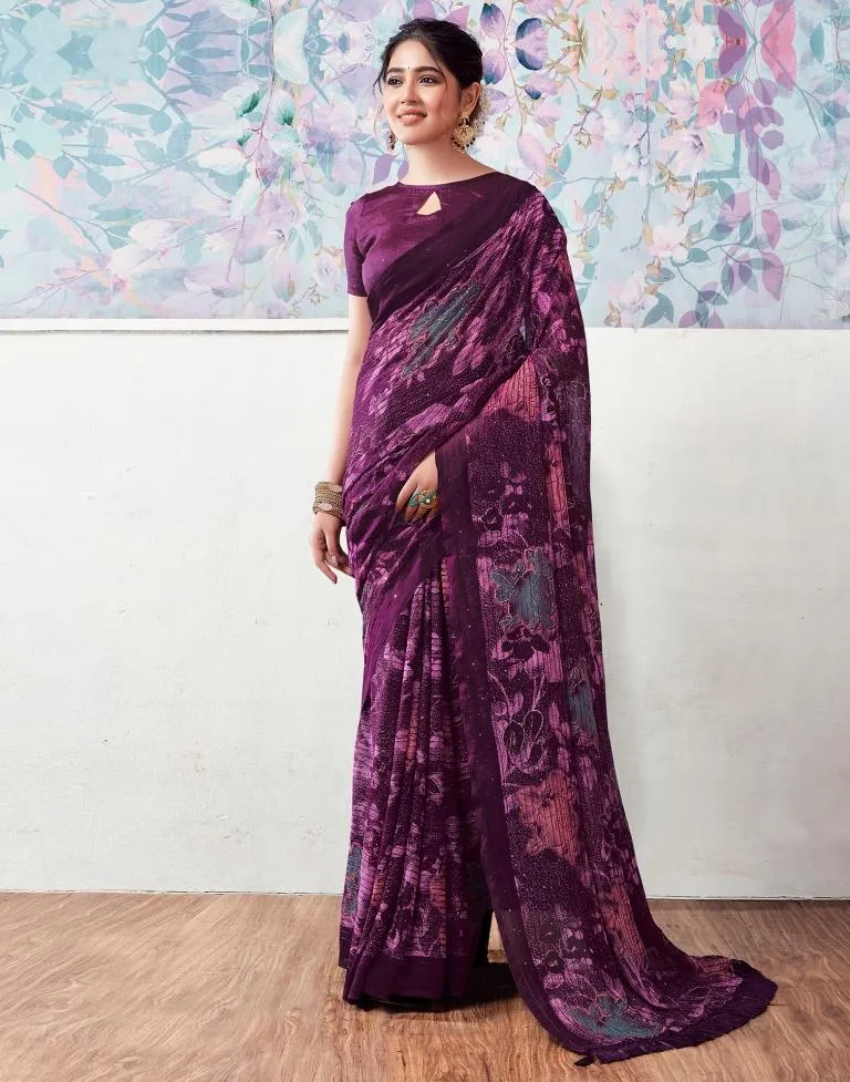 Deep Purple Georgette Printed Sarees