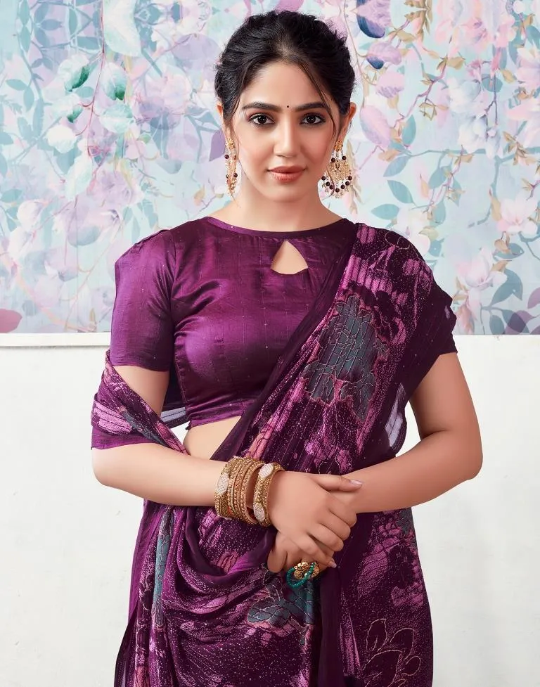 Deep Purple Georgette Printed Sarees