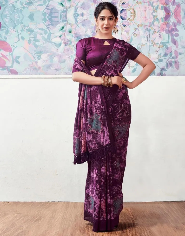 Deep Purple Georgette Printed Sarees