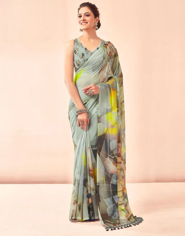 Dusty Green Georgette Printed Sarees