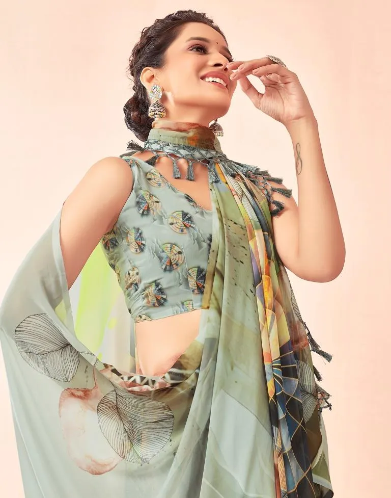 Dusty Green Georgette Printed Sarees