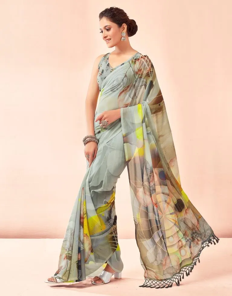 Dusty Green Georgette Printed Sarees