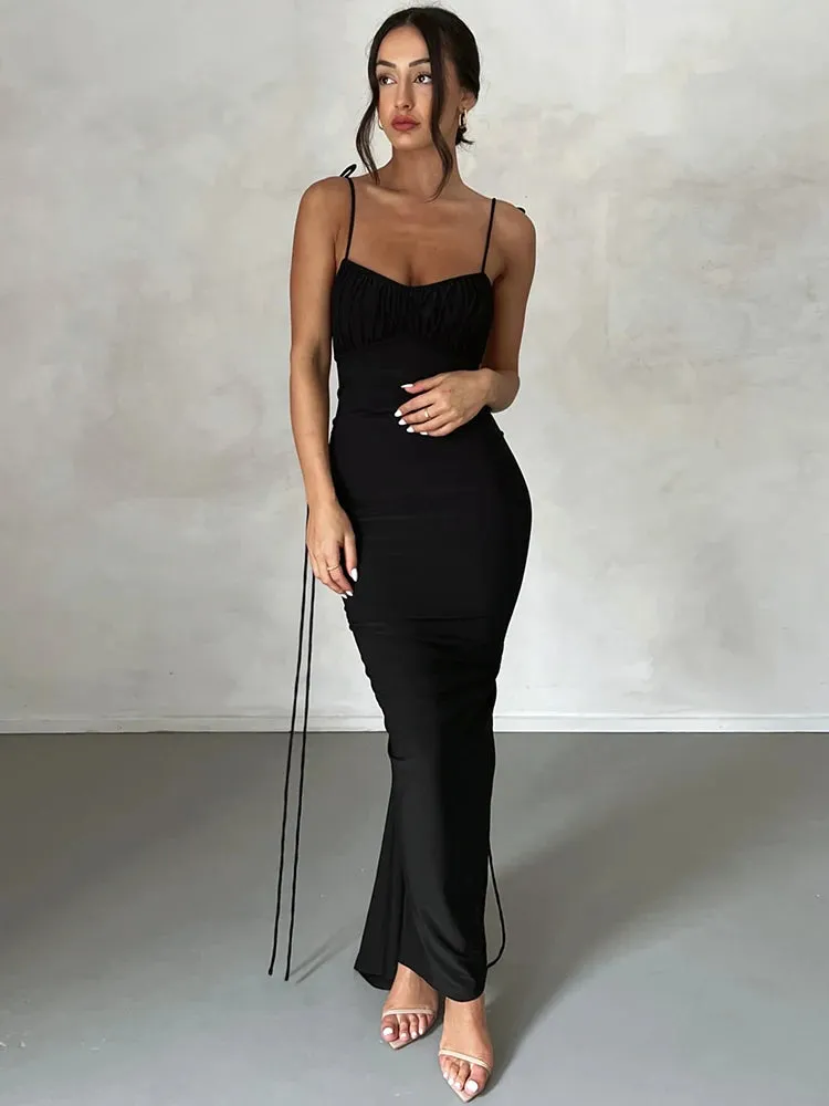 Elegant Concise Solid Lengthen Straped Backless Ruched Bodycon Evening Dress