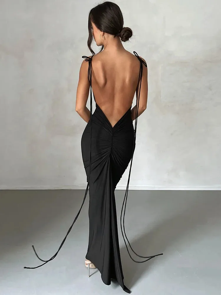 Elegant Concise Solid Lengthen Straped Backless Ruched Bodycon Evening Dress