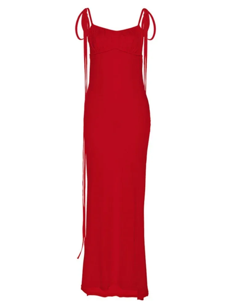 Elegant Concise Solid Lengthen Straped Backless Ruched Bodycon Evening Dress