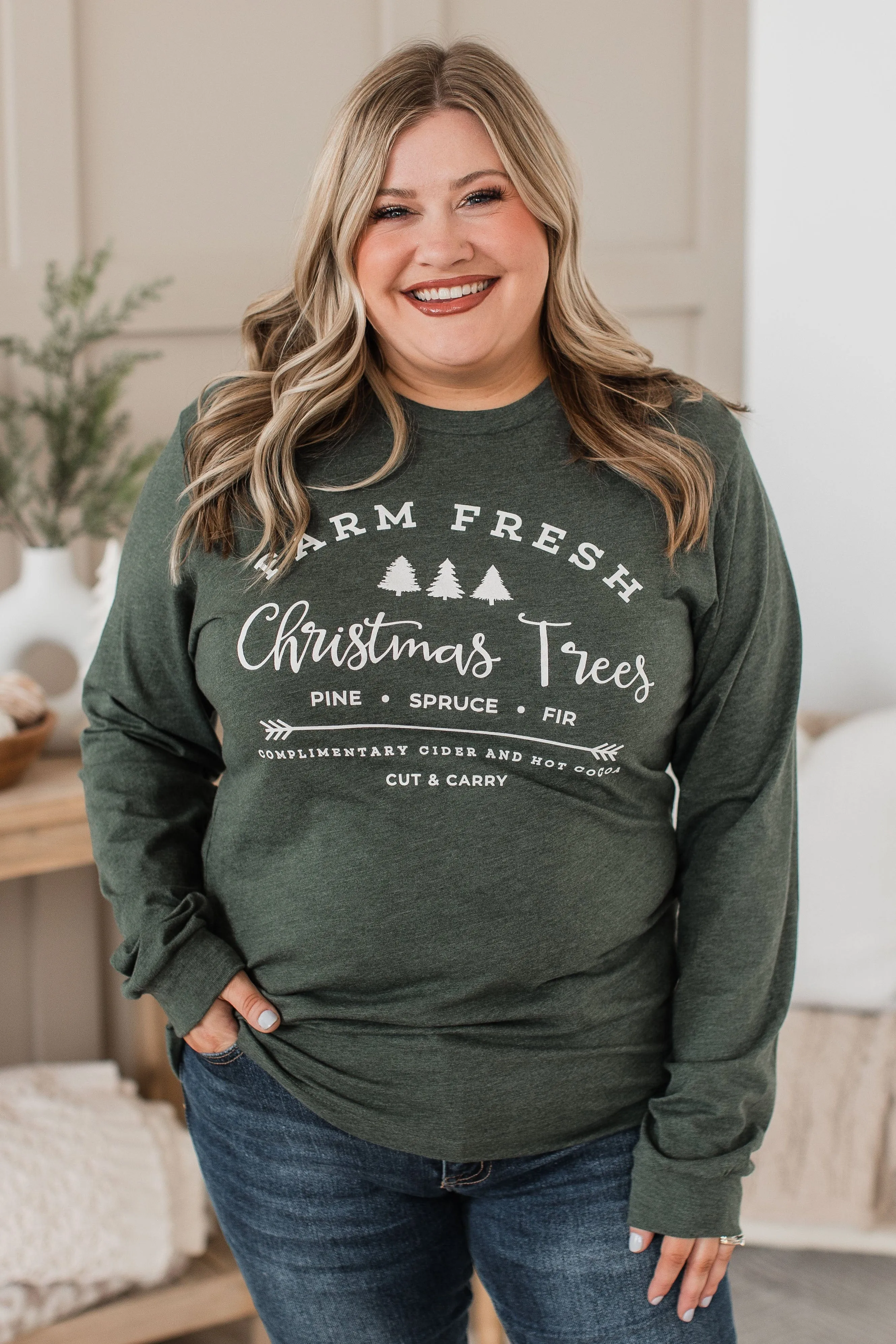 Farm Fresh Christmas Trees Long Sleeve Graphic Top- Hunter Green