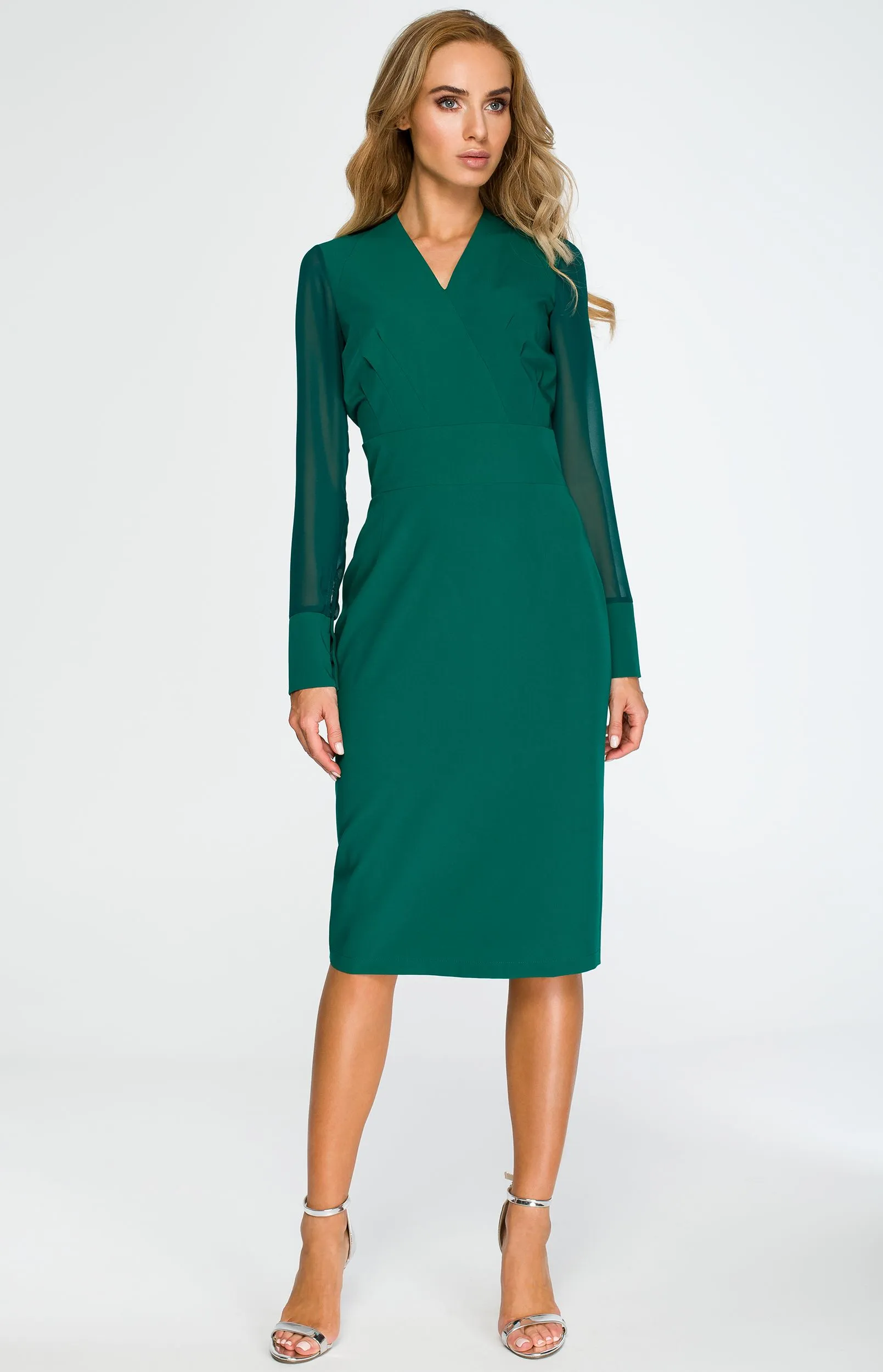 Green chiffon sleeve sheath dress