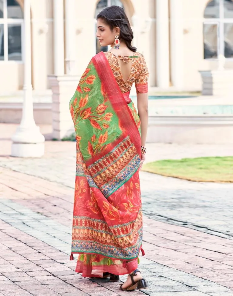 Green Linen Printed Sarees