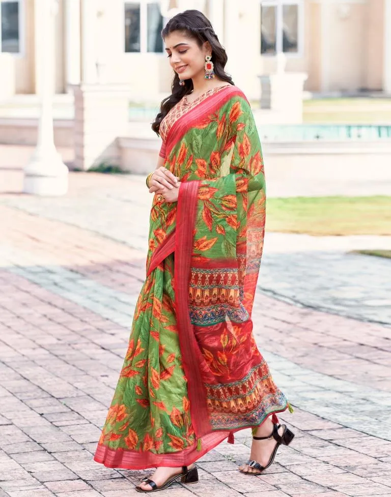 Green Linen Printed Sarees