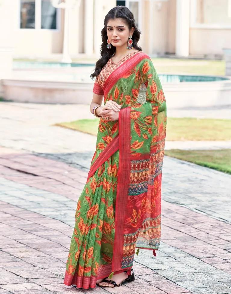 Green Linen Printed Sarees