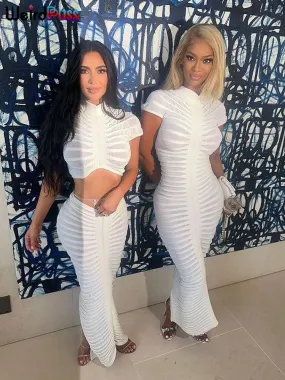 Knit Women Tracksuit 2 Piece Set Striped Stretch See Through Shorts Sleeve Crop Tops+Maxi Skirts Matching Streetwear