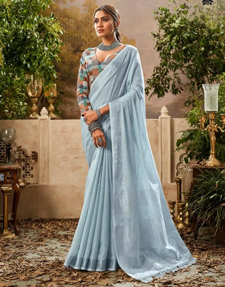 Light Blue Cotton Woven Sarees