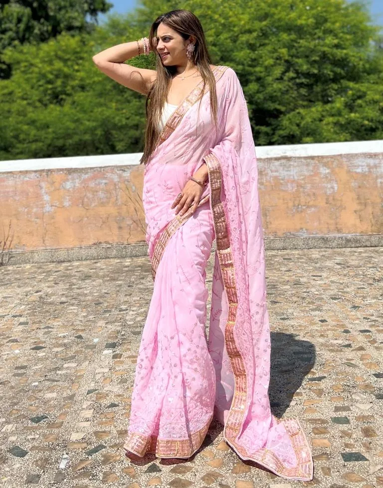 Light Pink Georgette Plain Sarees