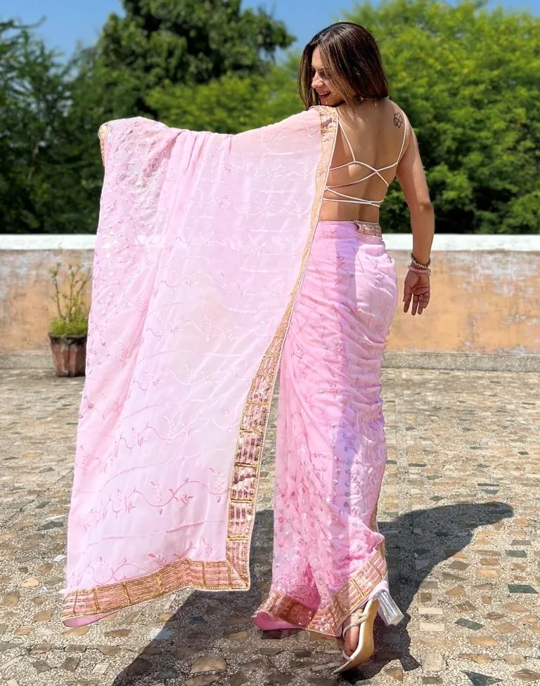 Light Pink Georgette Plain Sarees