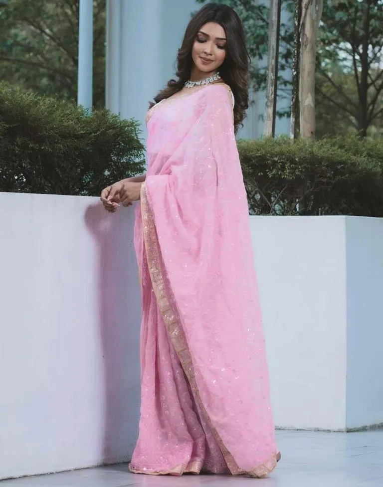 Light Pink Georgette Plain Sarees