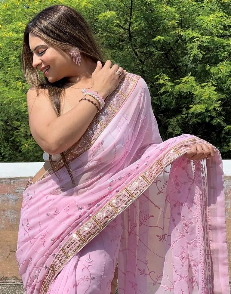 Light Pink Georgette Plain Sarees