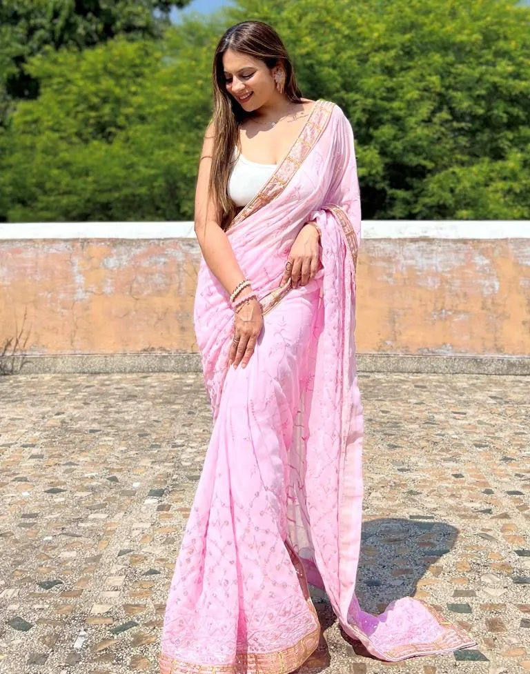 Light Pink Georgette Plain Sarees