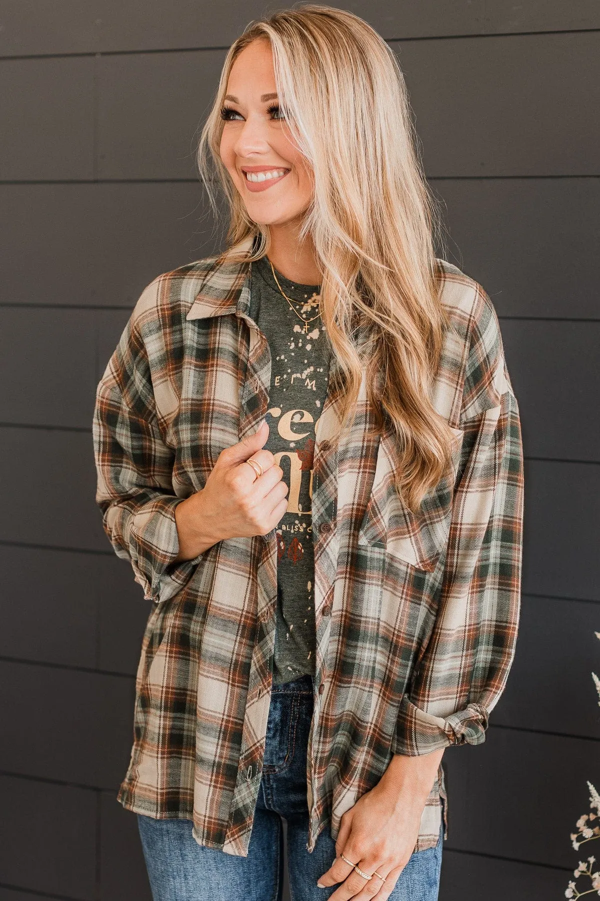 Like Clockwork Plaid Button Top- Hunter Green