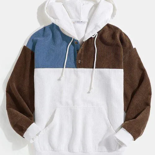 Mens Corduroy Patchwork Half Button Pouch Pocket Drawstring Hoodies S4096200