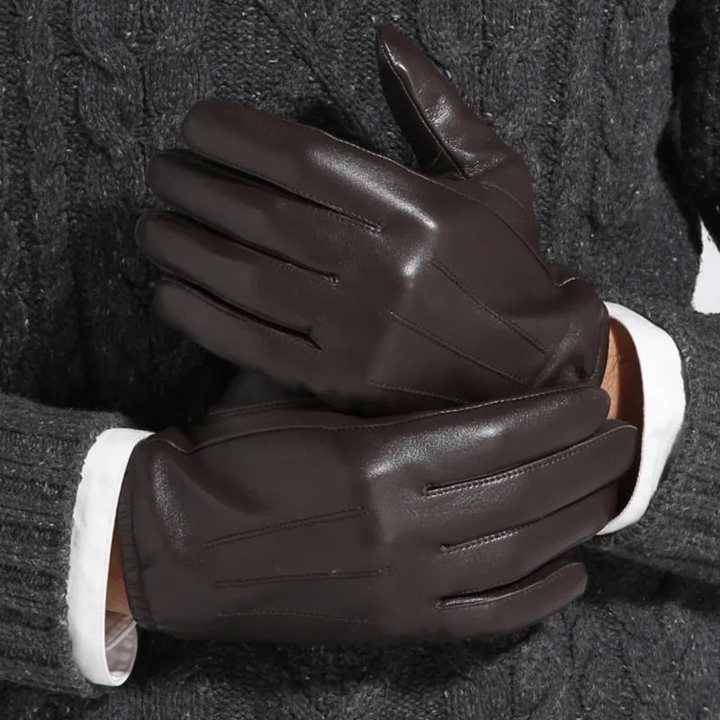 Men's Fashion Genuine Goatskin Leather Black Winter Warm Mittens