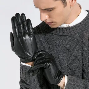 Men's Fashion Genuine Goatskin Leather Black Winter Warm Mittens