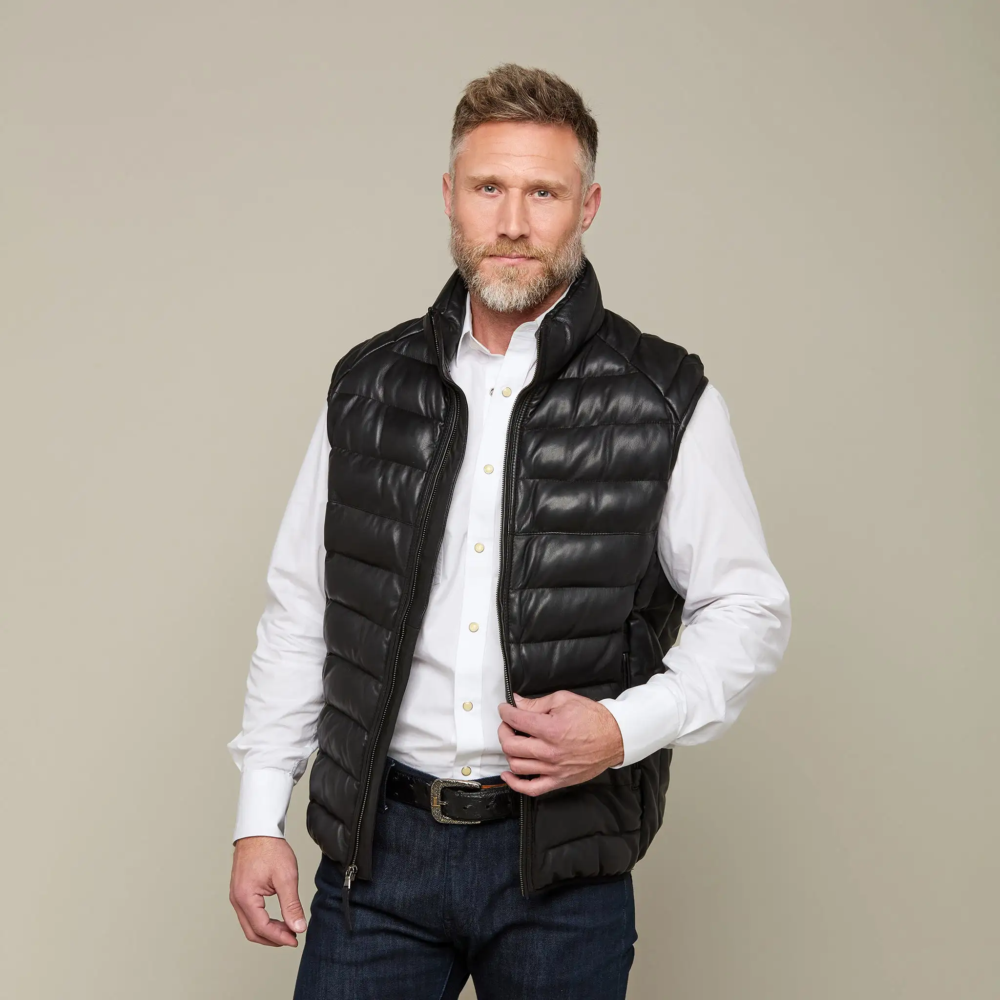 Men's Leather Puffer Vest :: Black