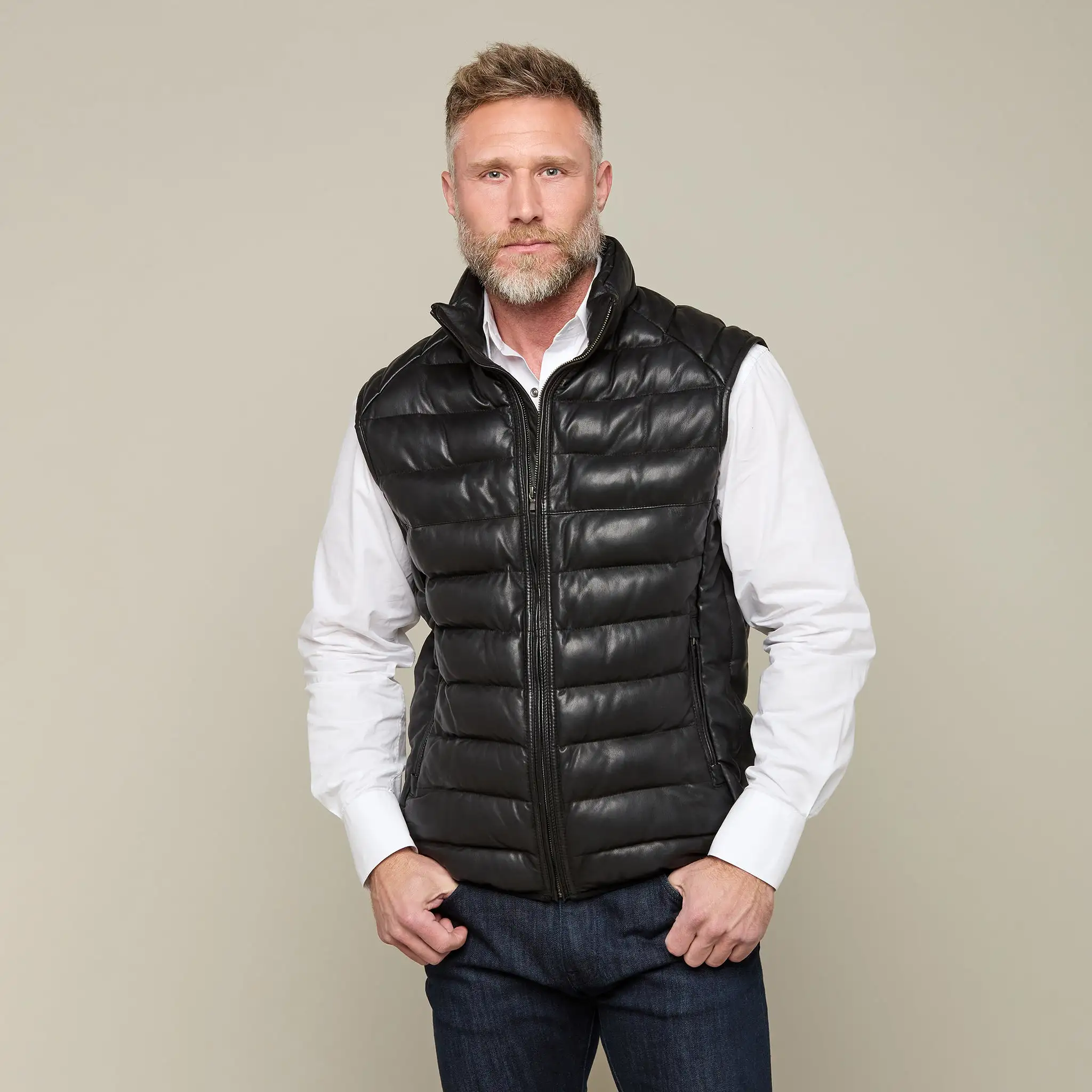 Men's Leather Puffer Vest :: Black