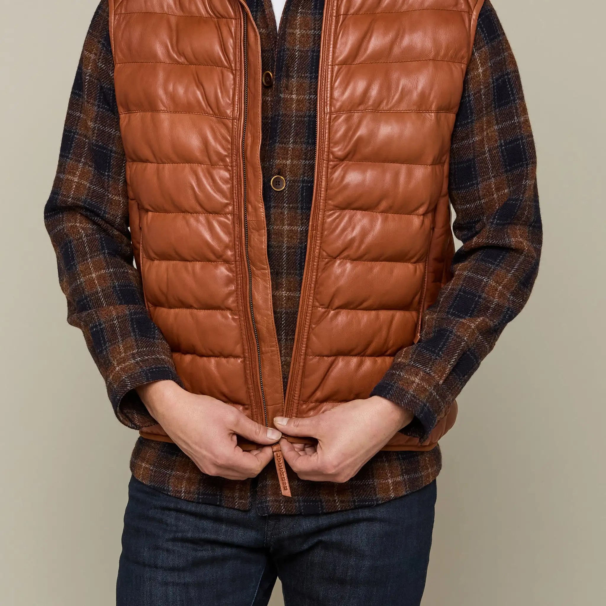 Men's Leather Puffer Vest :: Cognac