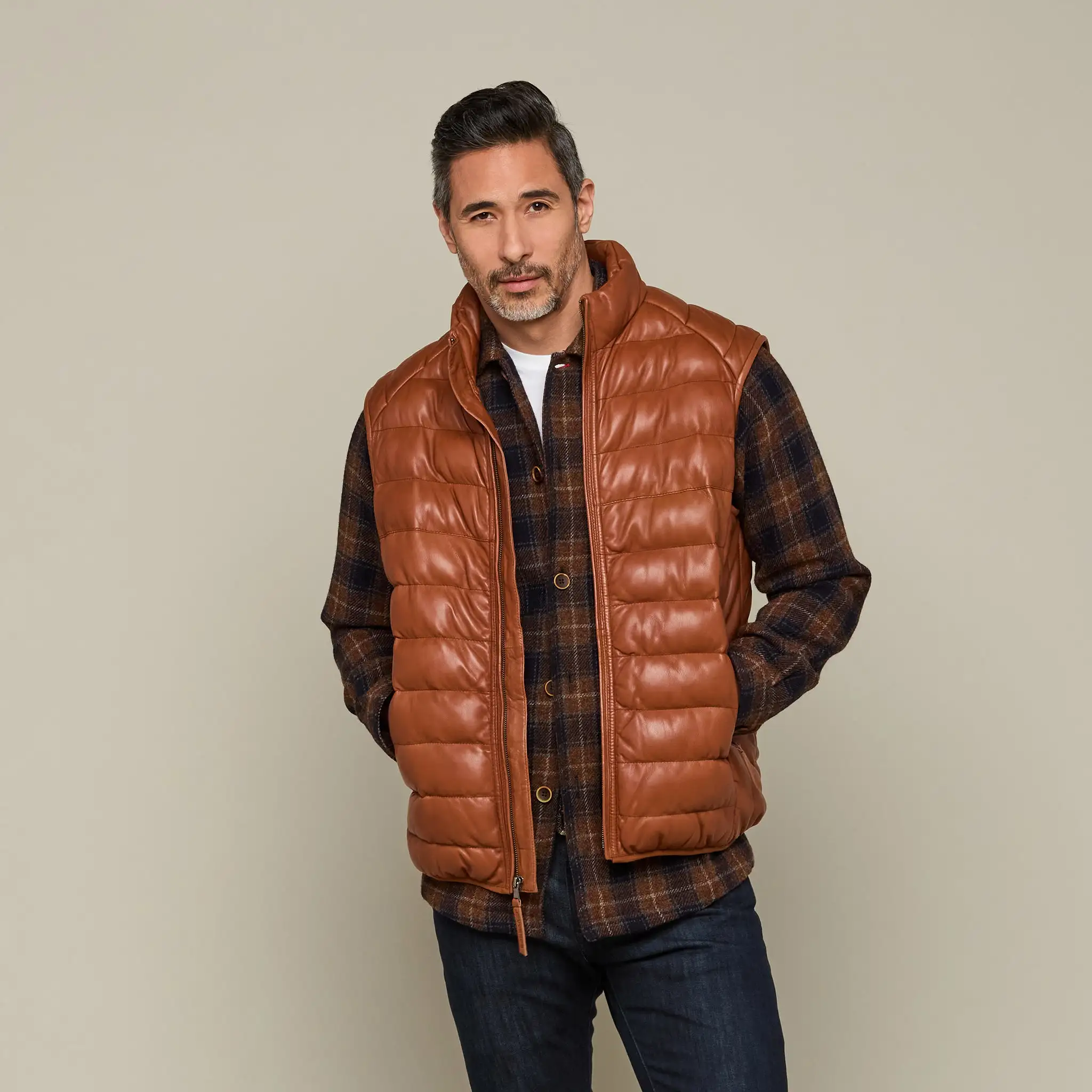 Men's Leather Puffer Vest :: Cognac