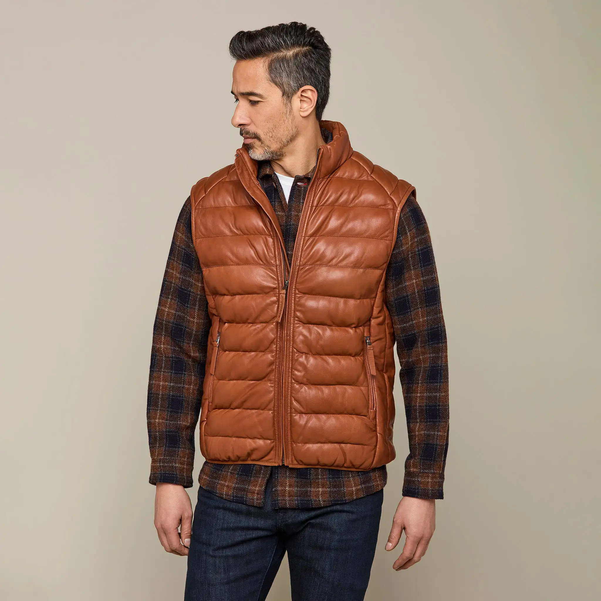 Men's Leather Puffer Vest :: Cognac