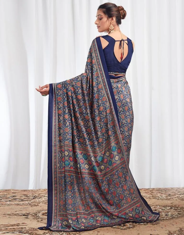 Navy Blue Silk Printed Sarees