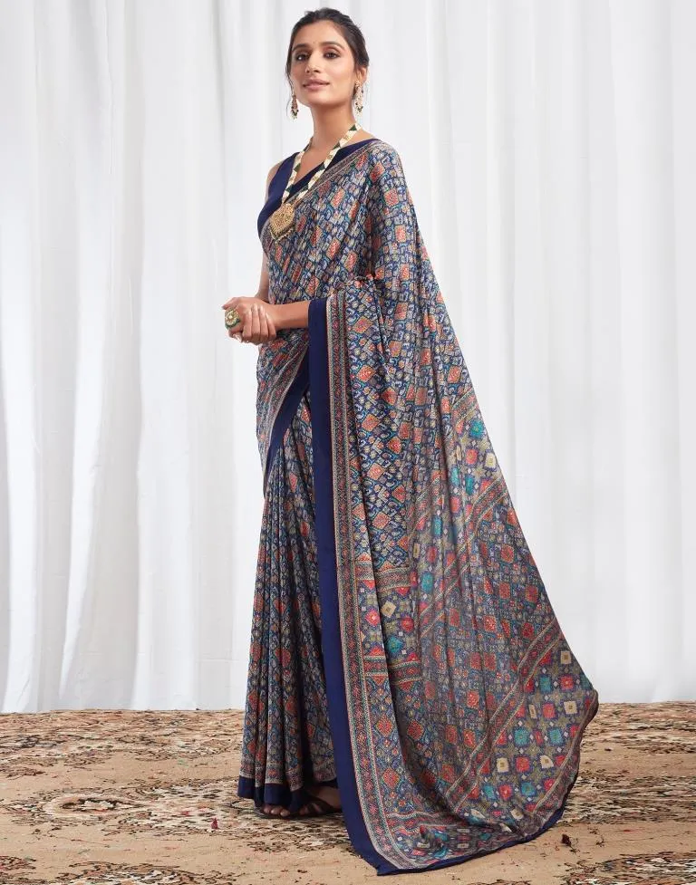 Navy Blue Silk Printed Sarees