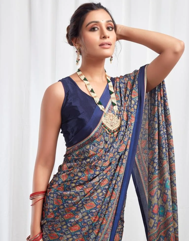 Navy Blue Silk Printed Sarees