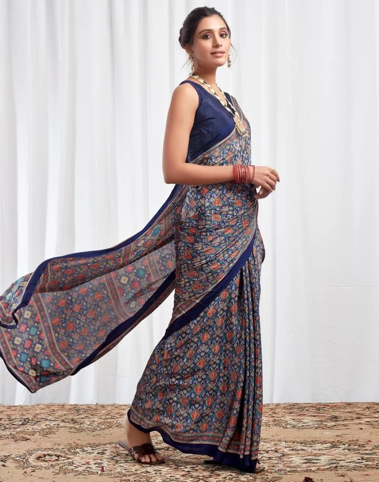 Navy Blue Silk Printed Sarees